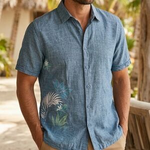 Cubavera Linen Blend Shirt Mens Medium Blue Short Sleeve Floral Embroidered Palm